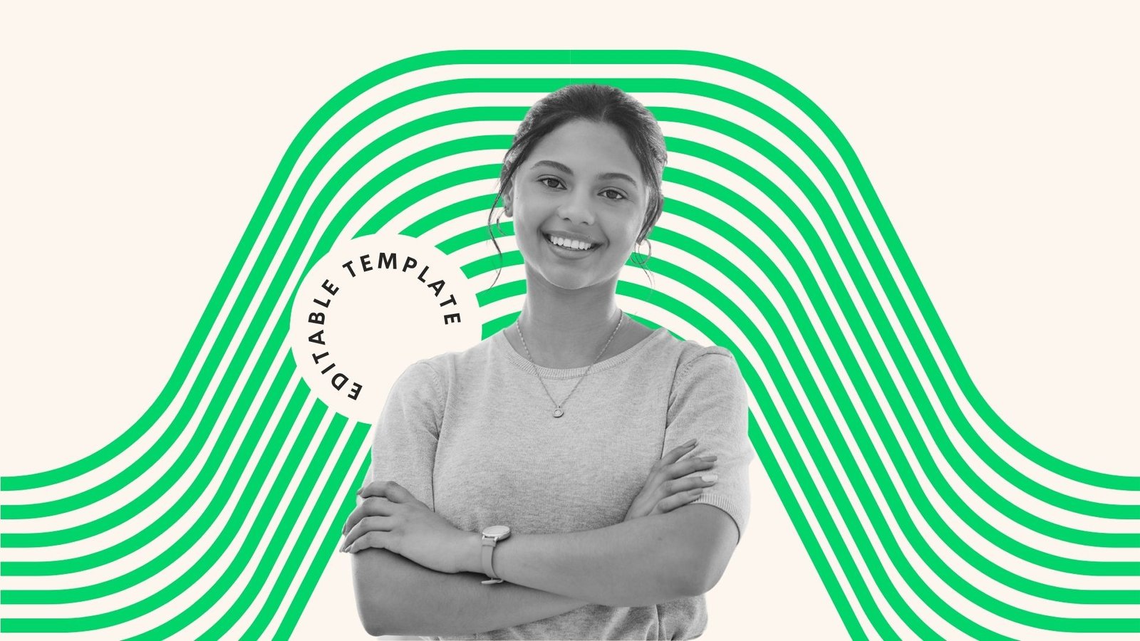 Female employee smiling with arms crossed - custom background