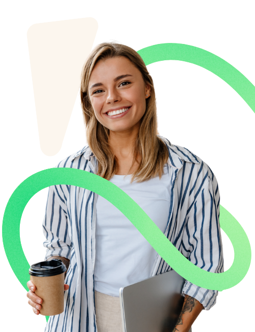 Recruitment marketing professional - blond woman holding a cup of coffee and a laptop